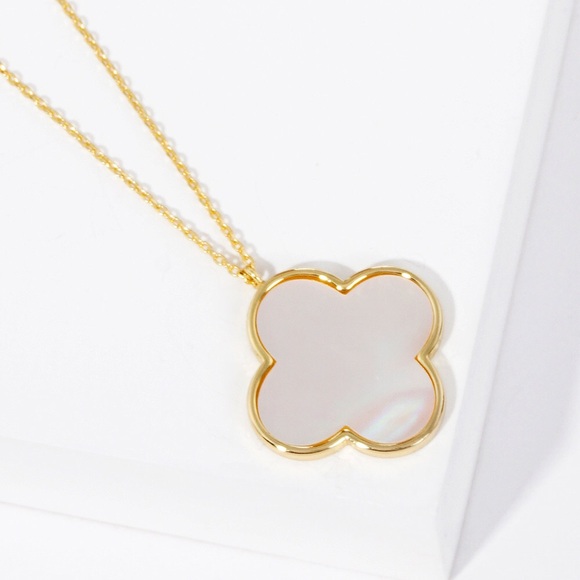 14K Gold Dipped Quatrefoil Mother of Pearl Pendant Necklace - Picture 2 of 3
